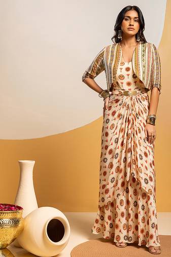 Off white floral printed crepe Dress With Jacket