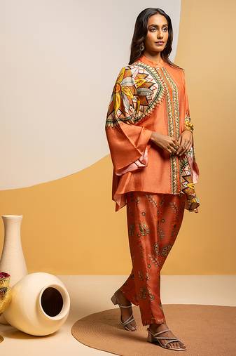 Rust floral printed silk kurta set
