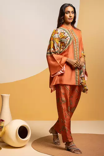 Rust floral printed silk kurta set