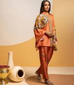 Rust floral printed silk kurta set
