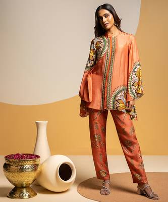 Rust floral printed silk kurta set 2