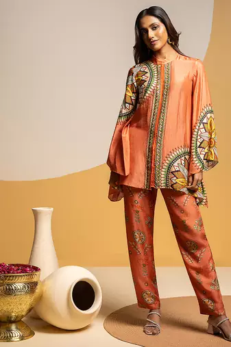 Rust floral printed silk kurta set