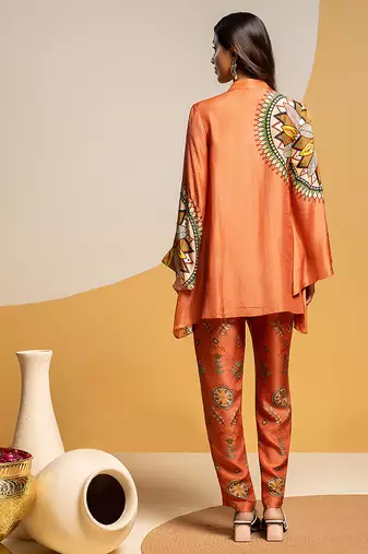 Rust floral printed silk kurta set