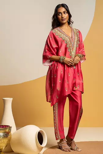 Pink embroidered chanderi kurta set