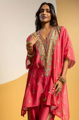 Pink embroidered chanderi kurta set