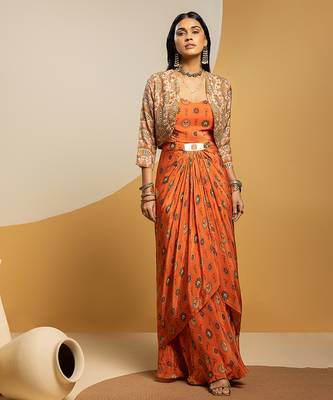 Rust floral printed crepe Dress With Jacket 1
