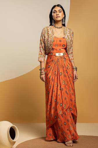 Rust floral printed crepe Dress With Jacket