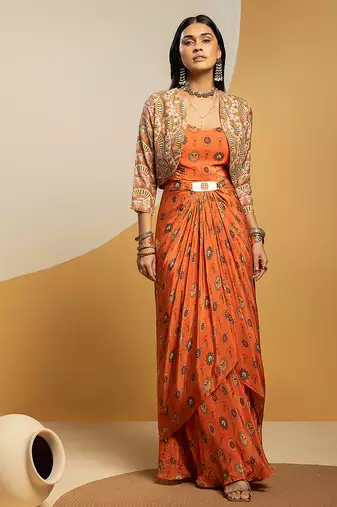 Rust floral printed crepe Dress With Jacket