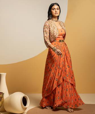 Rust floral printed crepe Dress With Jacket 2