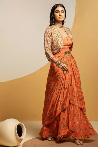 Rust floral printed crepe Dress With Jacket