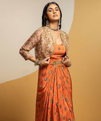 Rust floral printed crepe Dress With Jacket 3