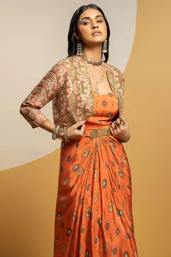 Rust floral printed crepe Dress With Jacket