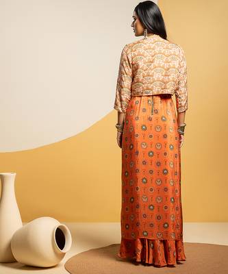 Rust floral printed crepe Dress With Jacket 4