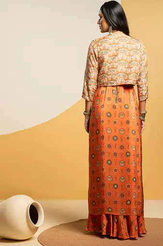 Rust floral printed crepe Dress With Jacket