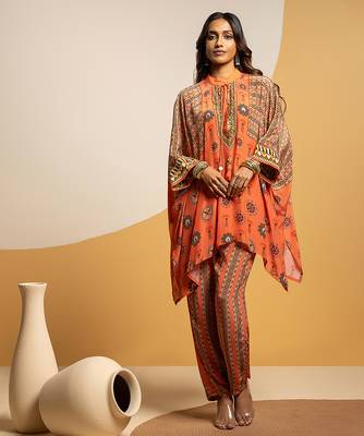 Rust floral printed crepe kurta set 1