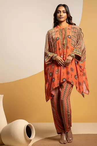 Rust floral printed crepe kurta set