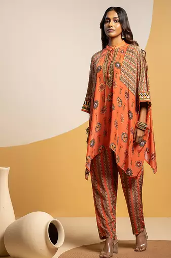 Rust floral printed crepe kurta set