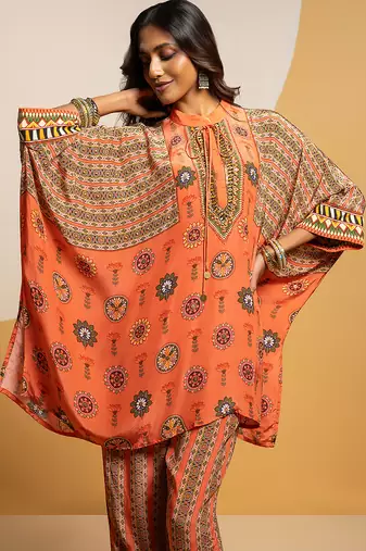 Rust floral printed crepe kurta set