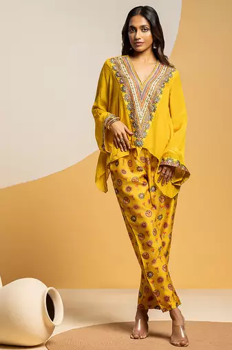 Yellow embroidered chanderi kurta set