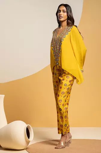 Yellow embroidered chanderi kurta set