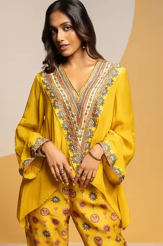 Yellow embroidered chanderi kurta set