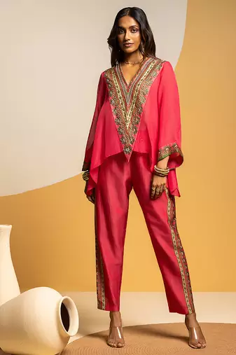 Pink embroidered chanderi kurta set