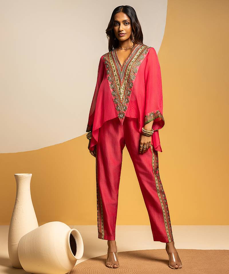 Pink embroidered chanderi kurta set
