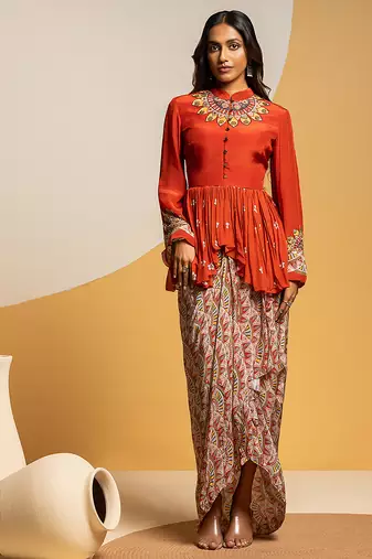 Rust floral printed crepe Co Ord Set