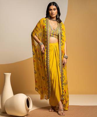 Yellow floral printed silk Co Ord Set With Cape 1