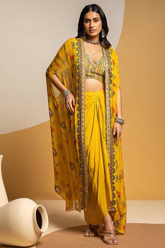 Yellow floral printed silk Co Ord Set With Cape