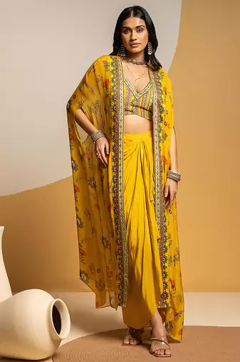 Yellow floral printed silk Co Ord Set With Cape
