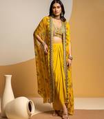 Yellow floral printed silk Co Ord Set With Cape