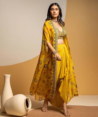 Yellow floral printed silk Co Ord Set With Cape 2