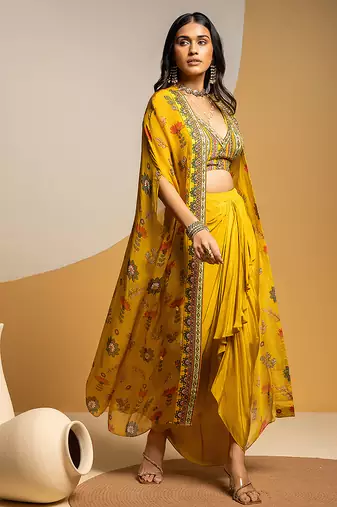 Yellow floral printed silk Co Ord Set With Cape