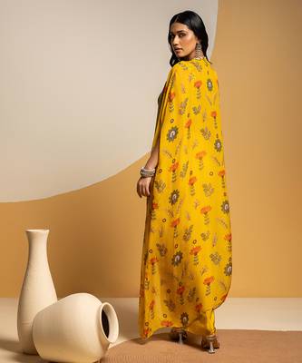 Yellow floral printed silk Co Ord Set With Cape 3