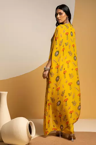 Yellow floral printed silk Co Ord Set With Cape