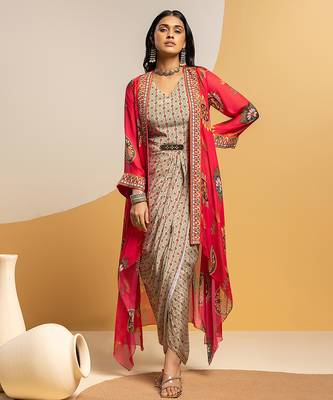 Multicolor floral printed crepe Dress With Cape 1