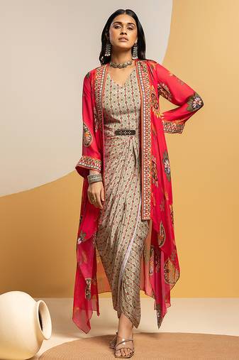 Multicolor floral printed crepe Dress With Cape