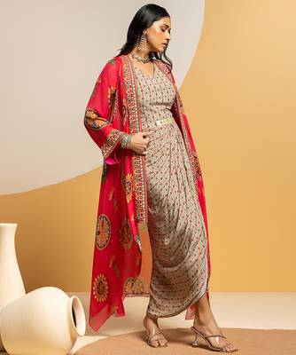 Multicolor floral printed crepe Dress With Cape 2