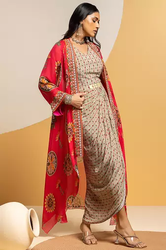 Multicolor floral printed crepe Dress With Cape