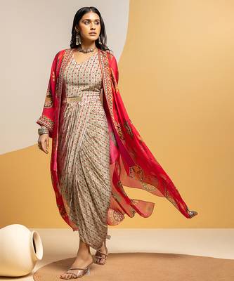 Multicolor floral printed crepe Dress With Cape 3