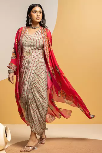 Multicolor floral printed crepe Dress With Cape