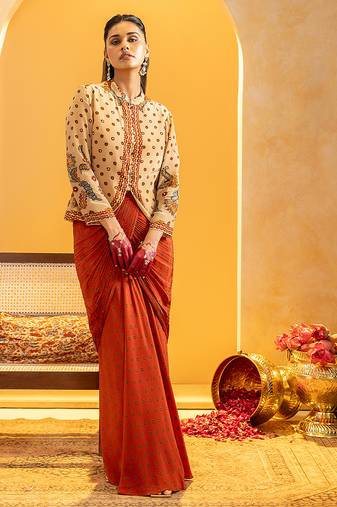 Beige floral printed crepe Co Ord Set