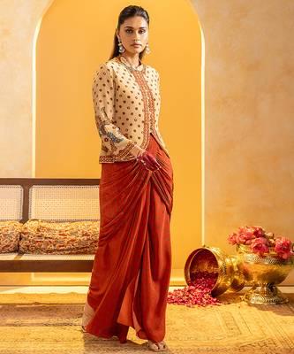 Beige floral printed crepe Co Ord Set 2