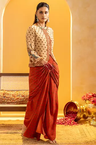 Beige floral printed crepe Co Ord Set