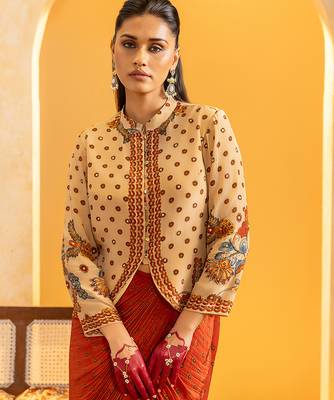 Beige floral printed crepe Co Ord Set 3