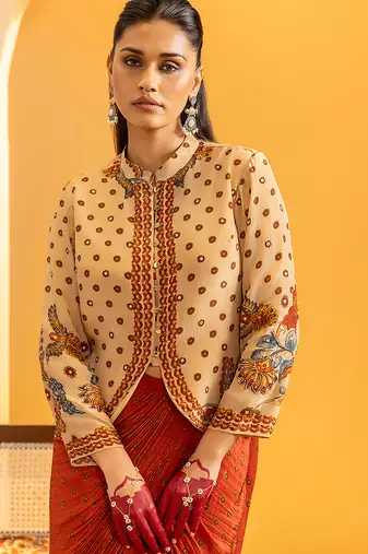 Beige floral printed crepe Co Ord Set