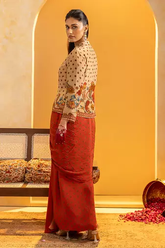 Beige floral printed crepe Co Ord Set