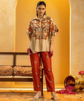 Beige floral printed chanderi co ord set 1