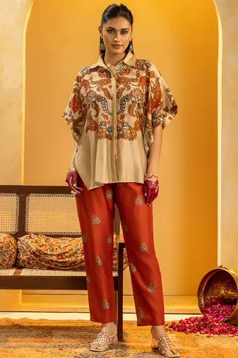 Beige floral printed chanderi co ord set